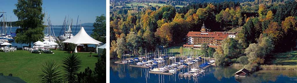 Yachthotel Chiemsee -Luftaufnahme und Blick in den Garten