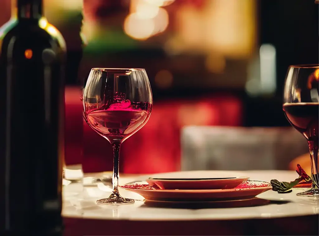 Ostermenu am Staffelsee Galerie und Art Hotel Murnau am Staffelsee, Teller mit Weinglas und rotwein